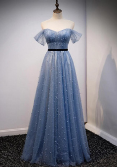 Off Shoulder A Line Blue Tulle Prom Dress