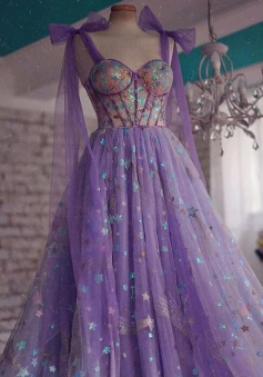 Charming A-line purple tulle long prom dress