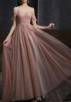 A Lijne Pink v neck tulle beads long prom dress