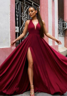 SIMPLE BURGUNDY V NECK LONG PROM DRESS