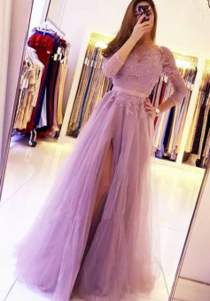 A Line Modest Bridesmaid Lace prom Dresses With Sleeves
