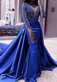 Mermaid evening lace long sleeves satin prom gowns