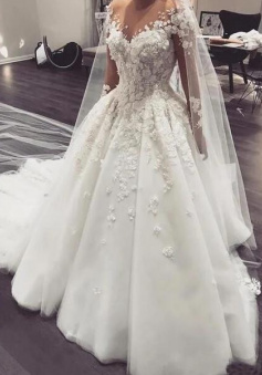 Beautiful Sheer Neck Wedding Dresses Bridal Gown with Flowers