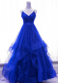 A Line Royal Blue Shiny Tulle V-Neckline Straps Long Evening Dress