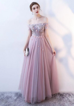 A-Line Pink Tulle Off Shoulder Prom Dress