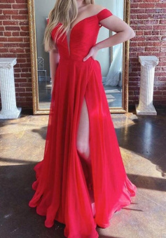 Off Shoulder Open Back Red Chiffon Prom Dresses with High Slit