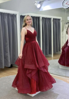 A line Burgundy tulle long prom dress