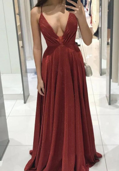 Shiny deep v neck long evening dress