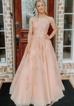 A-line Long Blush Prom Dress with Lace Back