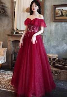 A Line Burgundy Tulle Long Prom Dresses