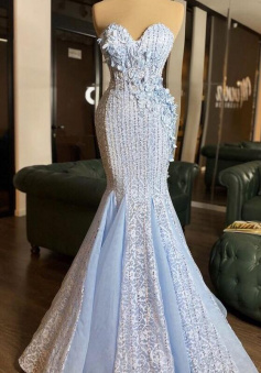 Floor Length Blue Prom Dresses with Lace Appliques