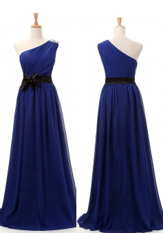 Simple A-line One Shoulder Long Royal Blue Bridesmaid Dresses LADT100023