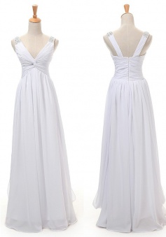 Hot Selling A-line V-neck Floor Length White Bridesmaid Dress With Beading Bridesmaid Dresses CHDT100045