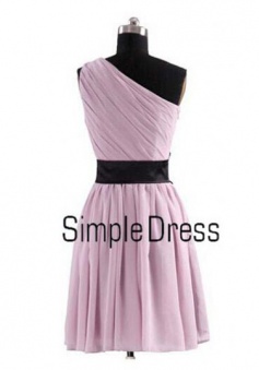 Hot Sale Lilac One Shoulder Black Hand Made Flower Sash Belt Short Chiffon Bridesmaid Dress CHBD-80055