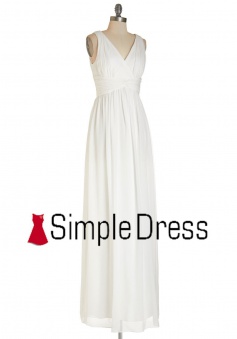 Simple White V Neck Sleeveless Floor Length Chiffon A Line Bridesmaid Dress CHBD-80064