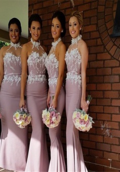 Elegant High Neck Appliques Purple Sheath Bridesmaid  Dress