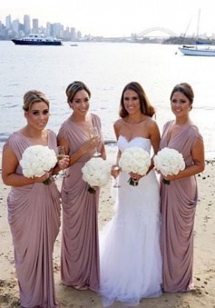 Modern V-neck Ruffles Long Champagne Bridesmaid Dresses Bridesmaid Gowns CHBD-70898