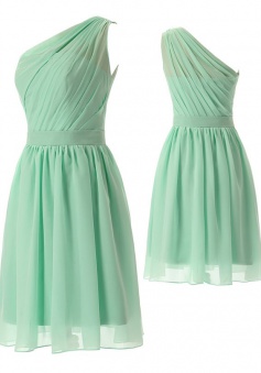 Simple-dress 2015 Fashion A-line One-shoulder Sleeveless Knee-length Ruched Chiffon Bridesmaid Dress CHBD-81193