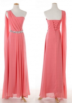 Elegant One-shoulder Beaded Long Chiffon Pink Bridesmaid Dress