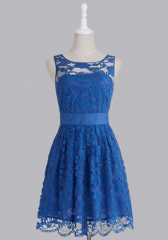 Hot Sale Royal Blue Scoop Lace Short Knee Length Bridesmaid Dress