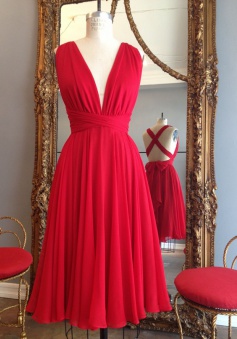 Simple Dress Handmade Short Red Chiffon Backless Criss Cross Dresses/Wedding Party Dresses  CHBD-7190