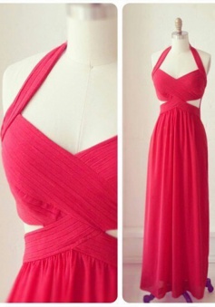 Elegant Halter Long Chiffon Ruched Prom Bridesmaid Dress