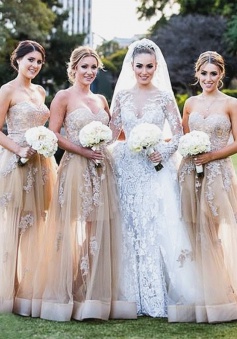 Elegant A-line Sweetheart Off Shoulder Champagne Long Tulle Appliques Bridesmaid Dress