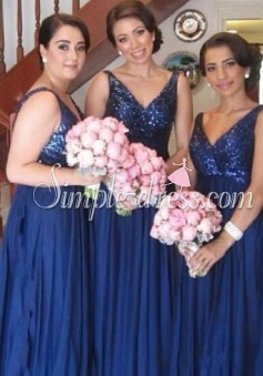 Modern A-line V-neck Floor-length Chiffon Sequins Bridesmaid Dress