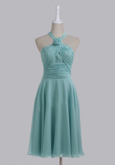 Elegant Halter A-line Zipper-up Tea-length Chiffon Bridesmaid Dress 