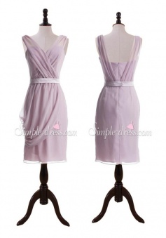 Elegant Column Knee-length V-neck Sash Chiffon Bridesmaid Dress 