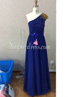 Elegant Floor-length One-shoulder Royal Blue Chiffon Bridesmaid Dress with  Sequins