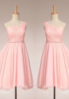 Simple Dress Elegant One-shoulder Ruched Pink Chiffon Bridesmaid Dresses, Wedding Reception Dresses  CHBD-7131