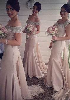 Elegant Beading Off-shoulder Mermaid Long Bridesmaid Dress