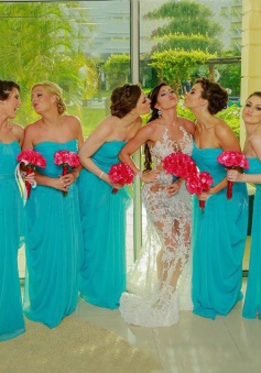 Elegant Strapless Long Chiffon Blue Bridesmaid Dress/Wedding Party Dress