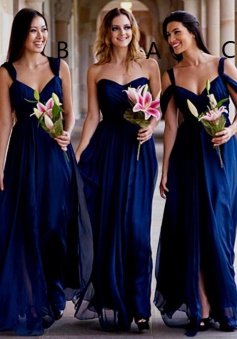 A-Line Sweetheart Floor-Length Dark Blue Chiffon Bridesmaid Dress