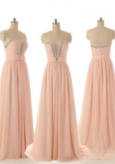 Modern A-line Long Peach Sweetheart Chiffon bridesmaid Dress