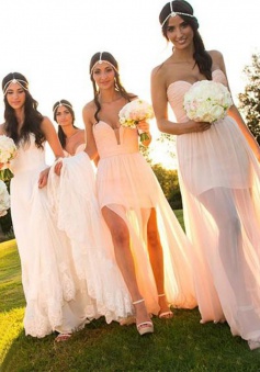 Hot-selling Sweetheart Sheath Long Pink Chiffon Bridesmaid Dress