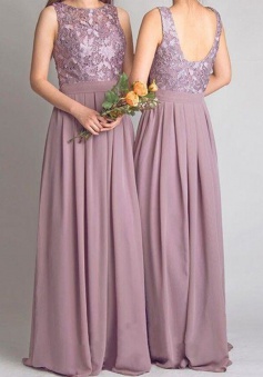 Timeless Bridesmaid Dress -Mauve A-Line Jewel Neck Dress with Lace