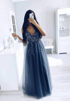 Dark gray tulle beads prom formal dress