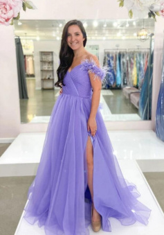 Off Shoulder A Line Purple Tulle Split Prom Dress