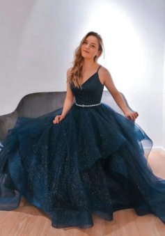 A LINE DARK BLUE V NECK TULLE SEQUIN LONG PROM DRESS