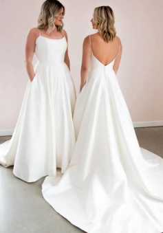 Simple mermaid ivory satin long wedding dress