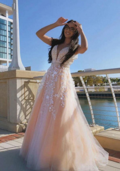 A LINE PINK V NECK TULLE LACE LONG PROM DRESS FORMAL DRESS