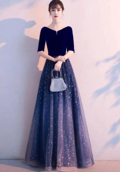 A Line Navy Blue Velvet Short Sleeves Prom Dress