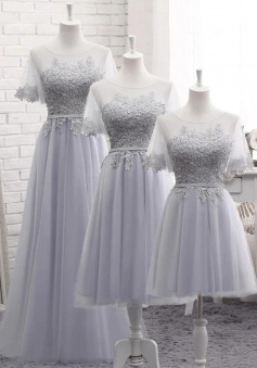 Lovely A Line Grey Tulle Prom Dresses With Lace Applique
