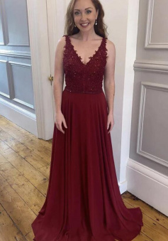 A line Burgundy lace long prom dress v neck evening dress