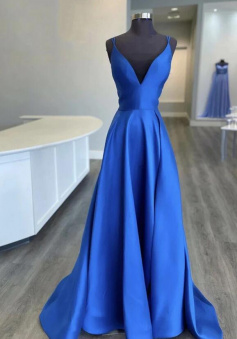 A line Blue v neck satin long prom dress