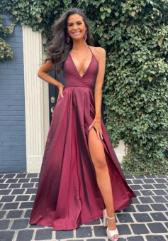 A Line V Neck Burgundy Long Prom Dresses with High Slit