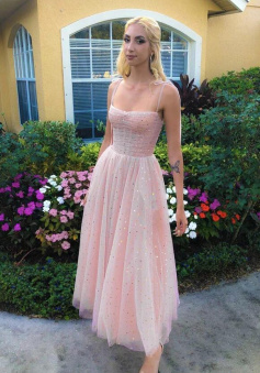 Simple Pink tulle sequins short tea length prom dress