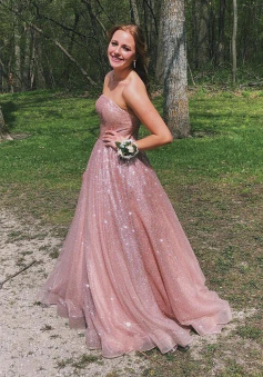 A line Pink tulle sequins long prom dress